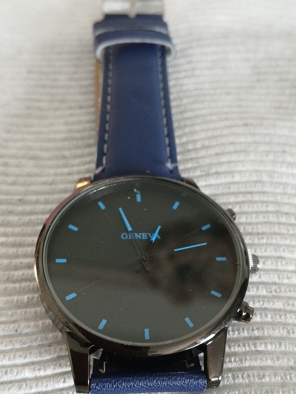 Men's Blue Leather Strap Watch with Light Blue Markers